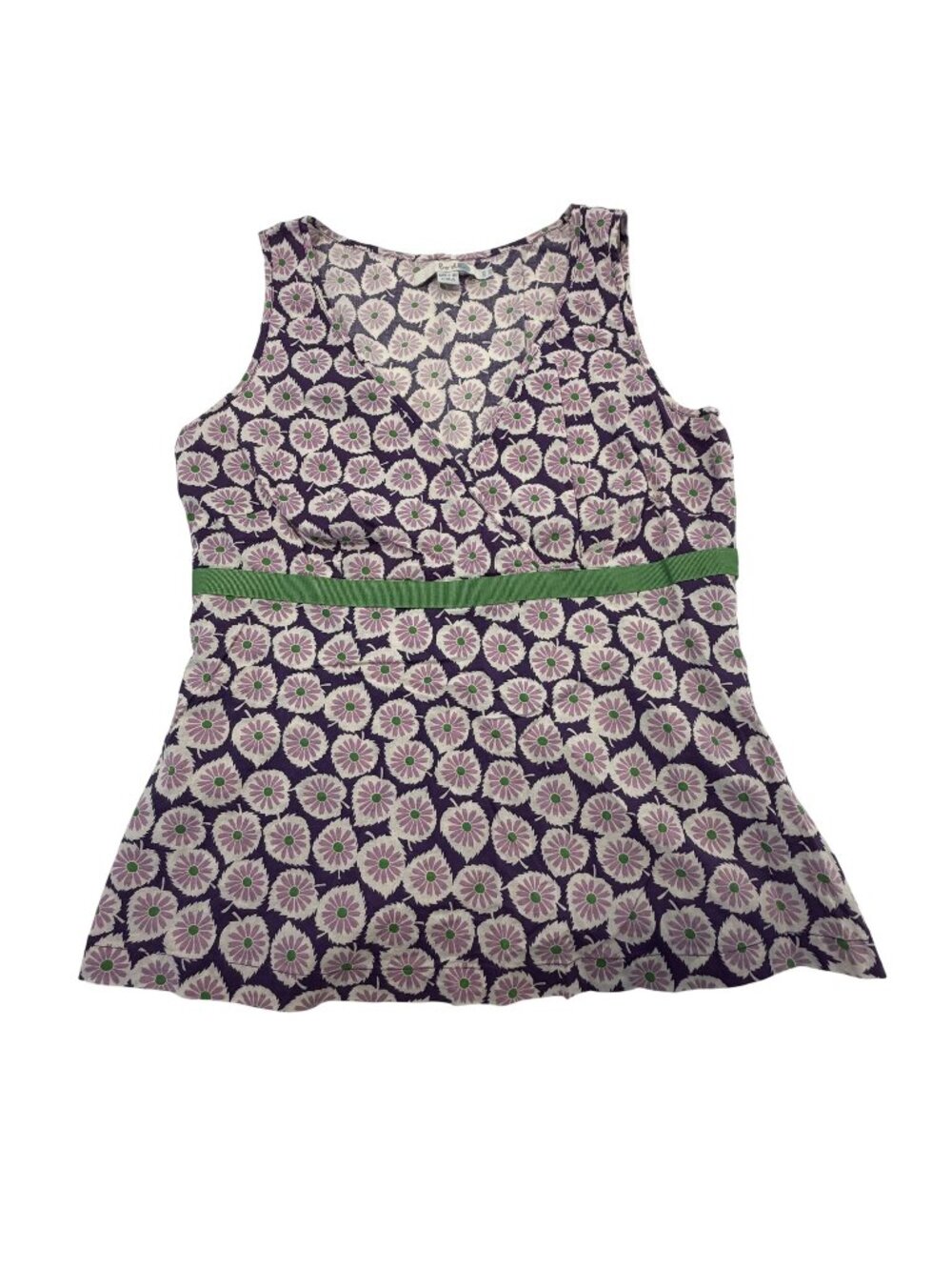 NWOT Boden Purple Floral Sleeveless Cotton Blouse With Green Waistband US 10